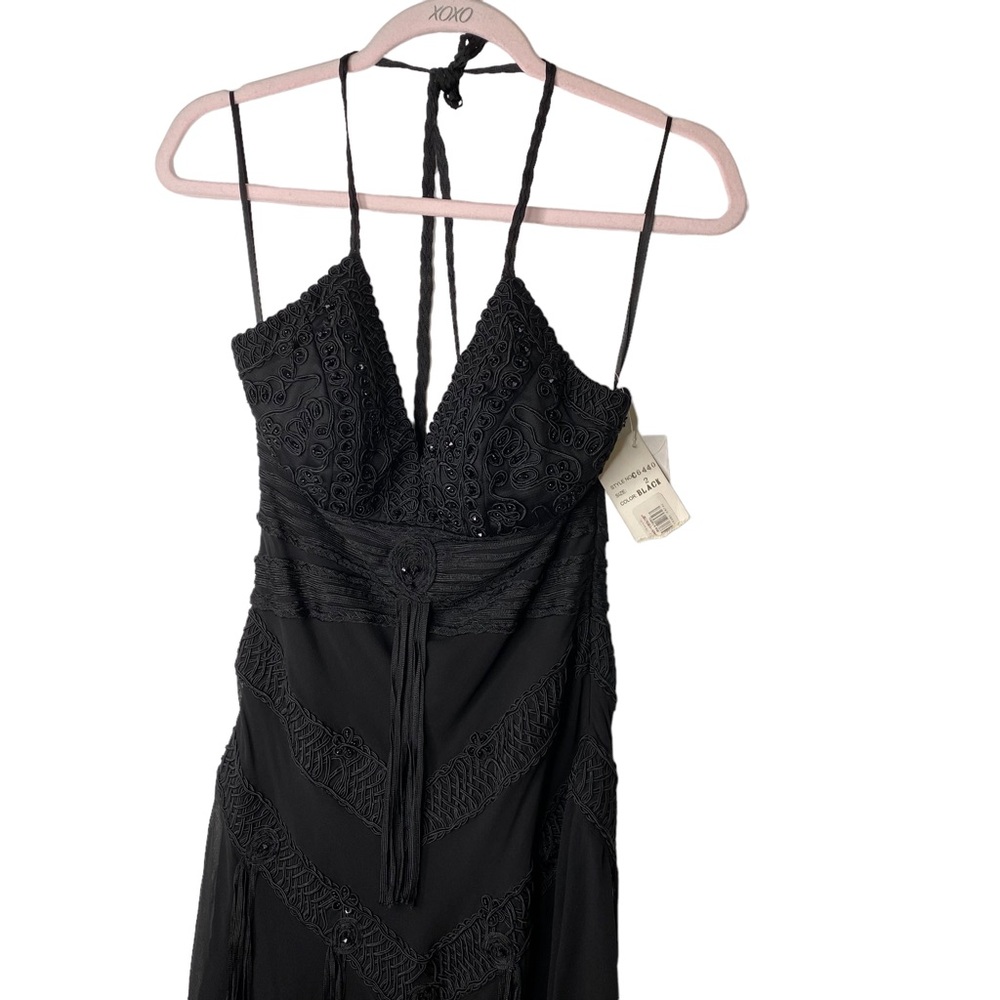 Sue Wong Plunge Beaded Halter Tassel Silk Formal Cocktail Dress Size 2 - Picture 6 of 11